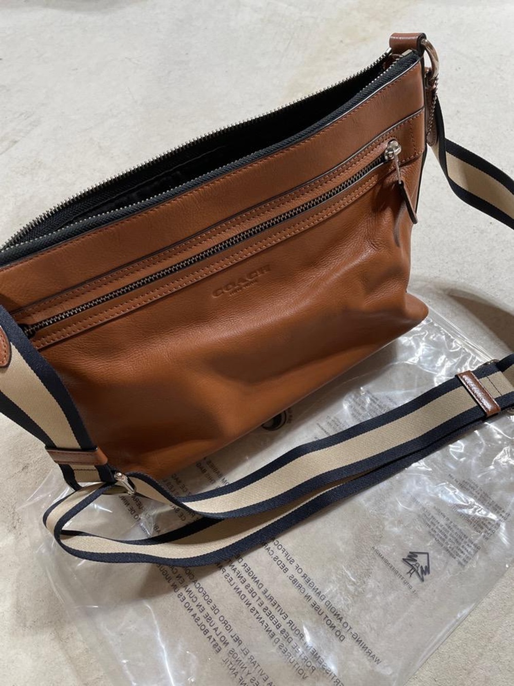 Coach Brown Leather Messenger Bag with Striped Strap